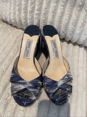 Jimmy Choo Navy and Silver Textured Slip-On Mules